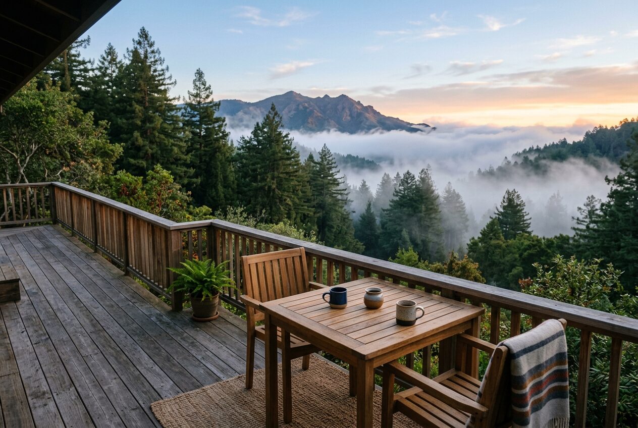 A Mill Valley deck at dawn with fog threading through the redwoods