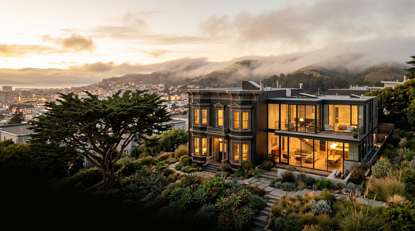 An Edwardian house in Noe Valley with a modern glass addition, fog rolling over Twin Peaks at golden hour