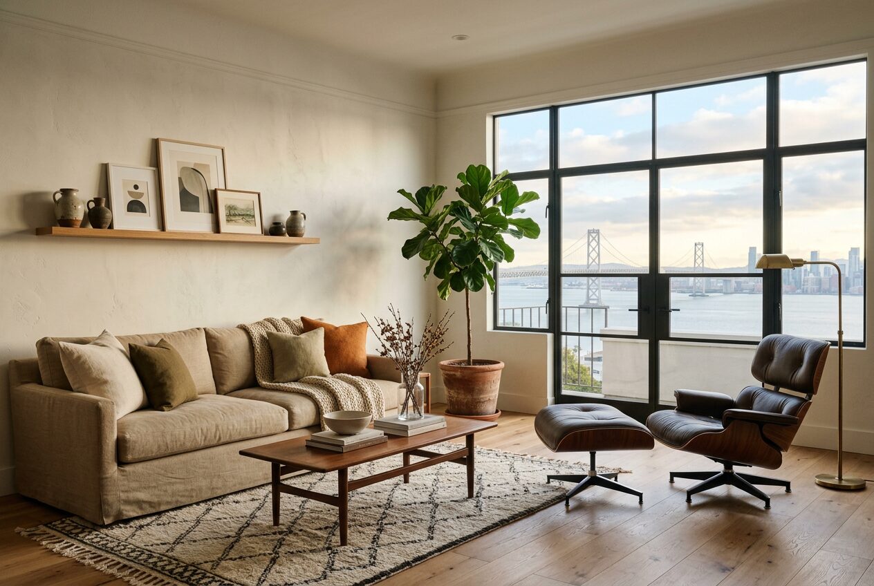 A living room with tall windows looking out to the Bay Bridge in afternoon light