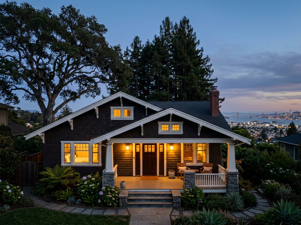 A Rockridge craftsman with a deep front porch under a coast live oak