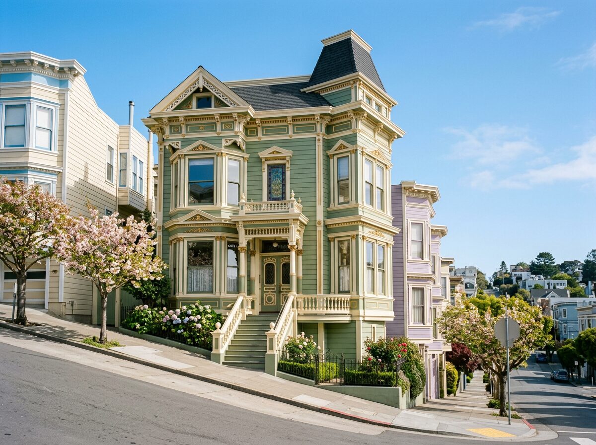 A restored Pacific Heights Victorian with bay windows and sage-green paint